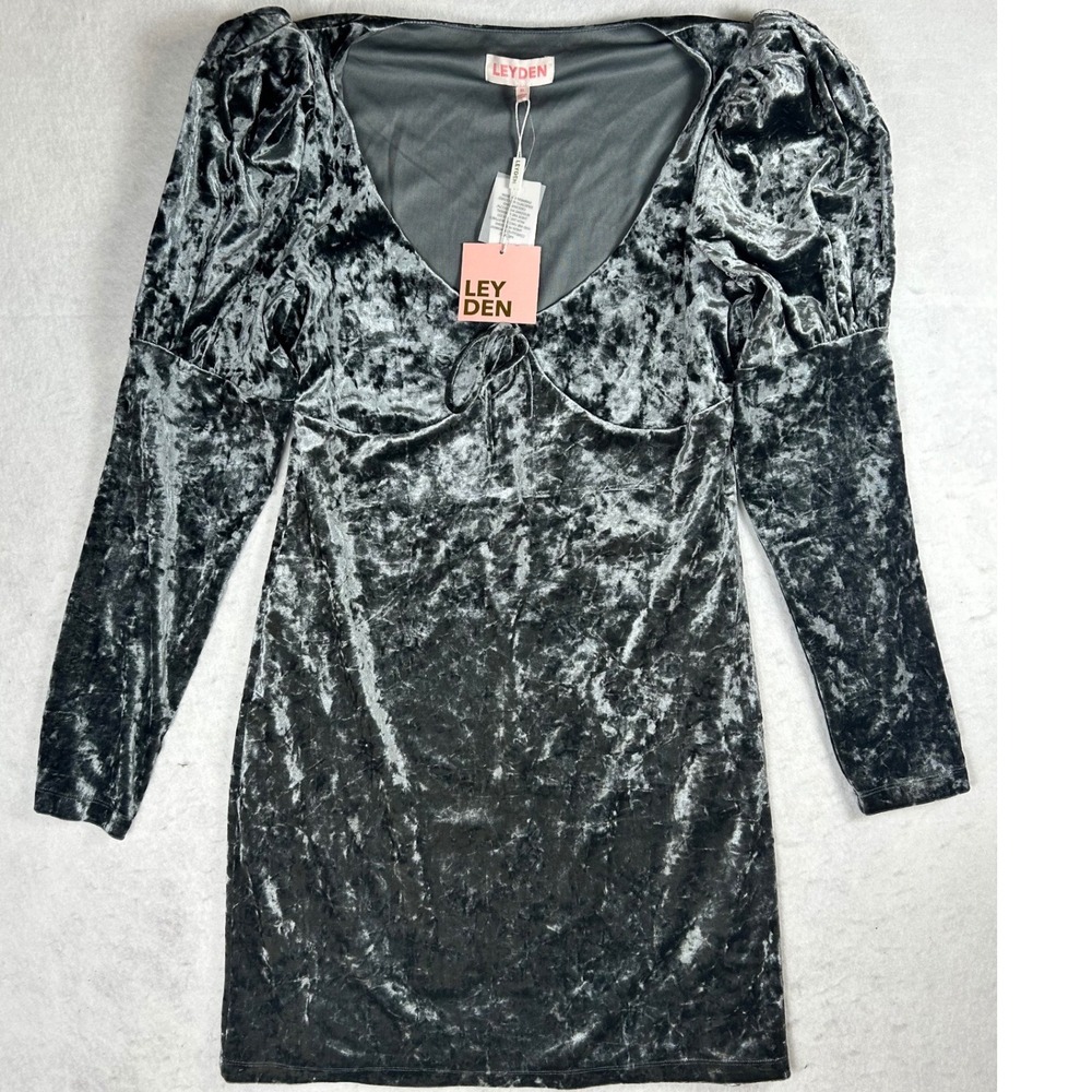 Leyden Womens XL Slate Gray Crushed Velvet Mini Dress Puff Sleeve NWT $108